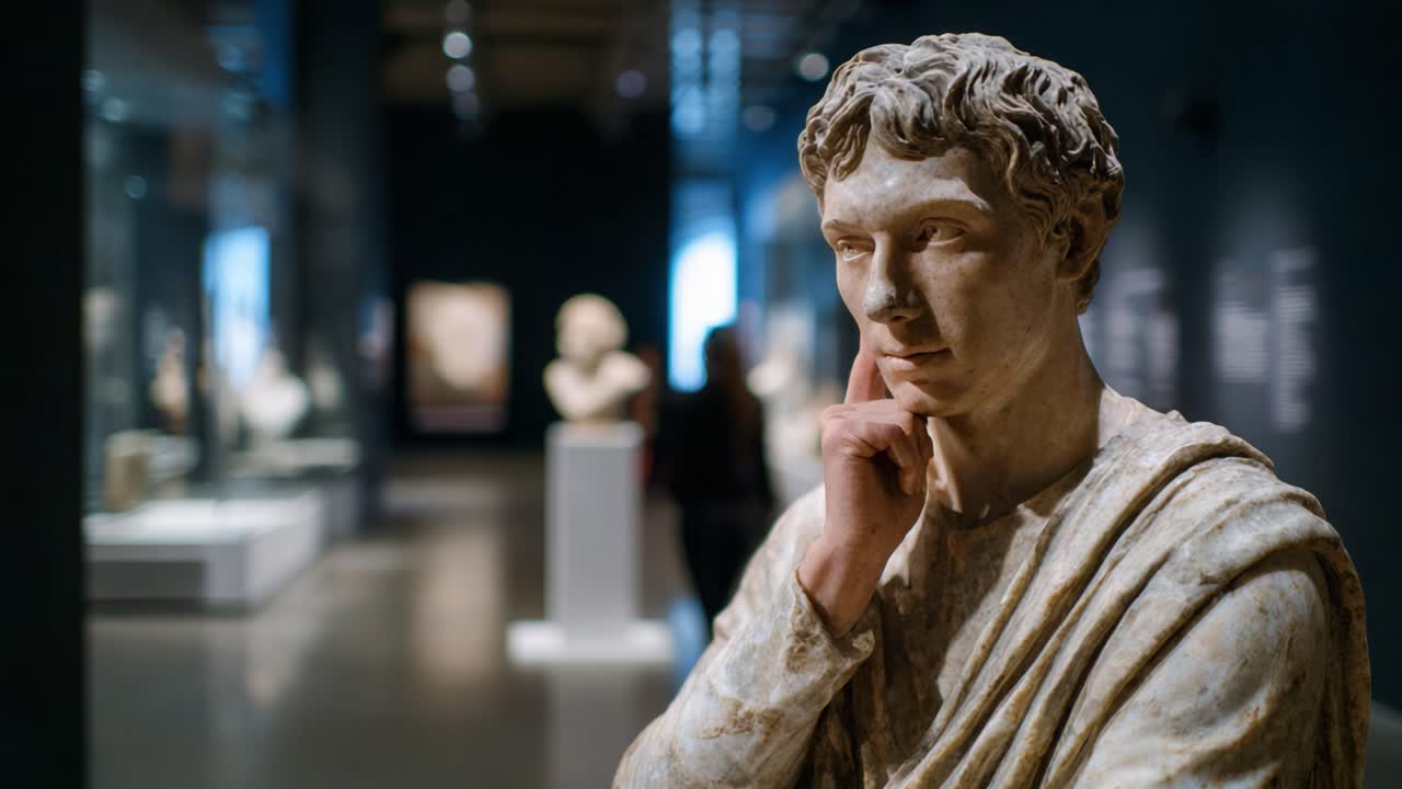 Una pensosa scultura antica in una galleria d'arte: esplorare le espressioni e i dettagli di una figura di marmo tra altre creazioni artistiche