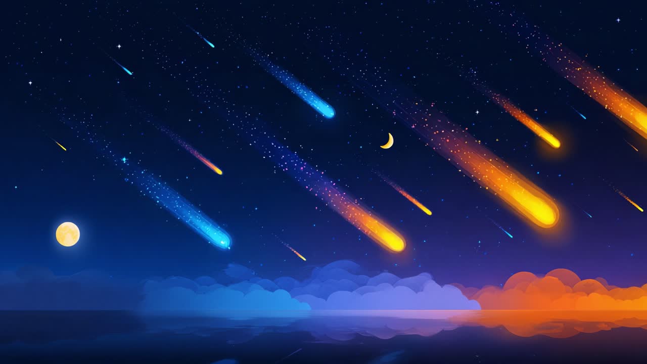 A serene cosmic scene depicting a night sky filled with colorful shooting stars, alongside a calm ocean and a gentle moon illuminating the horizon under a starry atmosphere