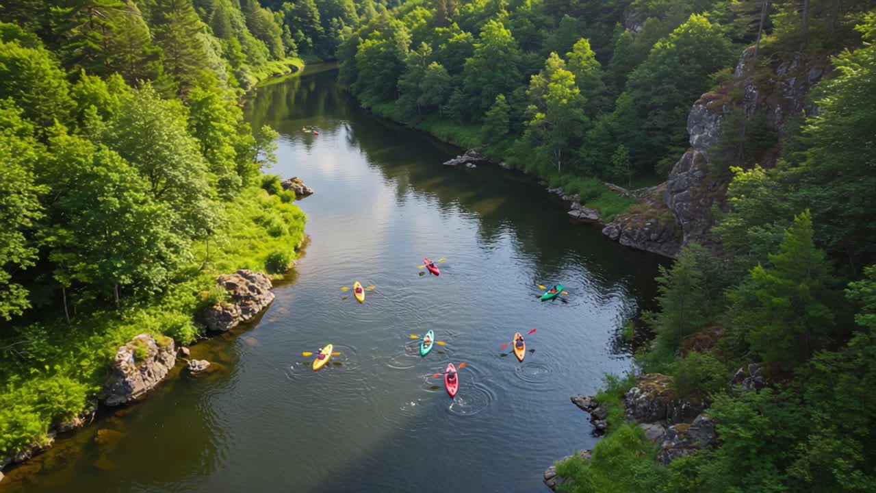 Una serena avventura in kayak su un fiume tranquillo, circondato da una vegetazione lussureggiante e da pittoresche scogliere, che mette in mostra la bellezza della natura e le attività ricreative all'aperto