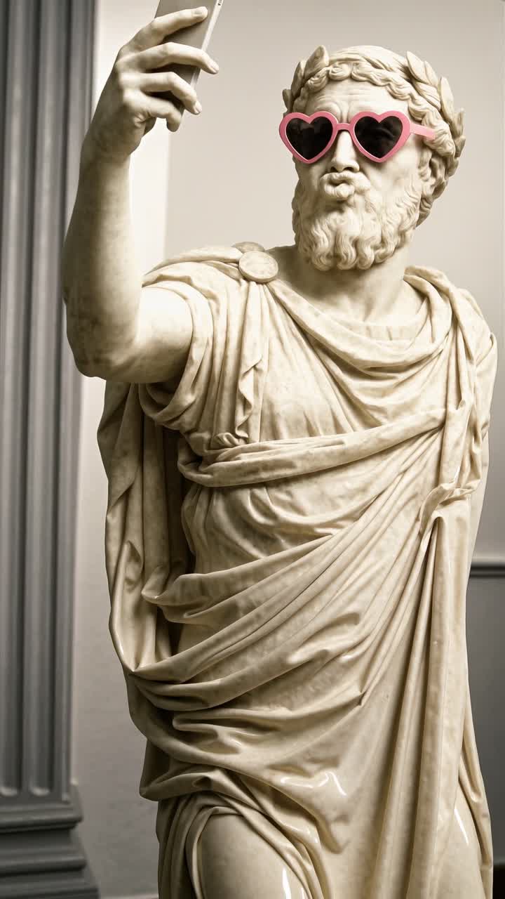 Ancient Statue Taking a Selfie with Heart-Shaped Sunglasses