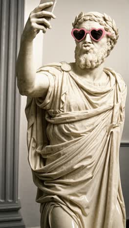 ancient statue taking a selfie with heart-shaped sunglasses