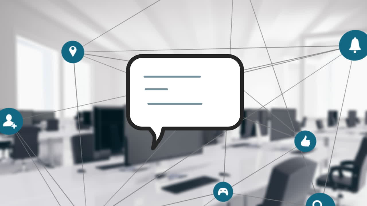 animación de la red de conexiones con iconos de redes sociales y burbuja de habla en la oficina