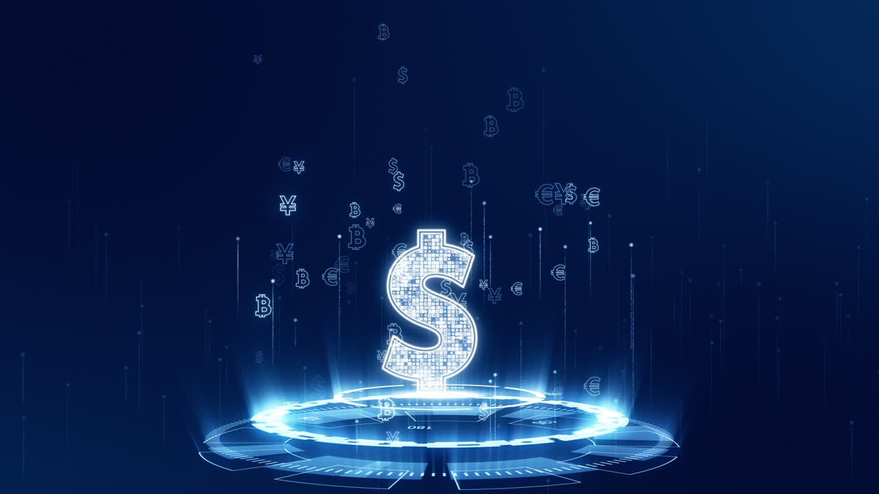 푸른 디지털 화폐 로고의 모션 그래픽과 미래 기술 원 회전 및 추상적인 배경에 levitation 아이콘