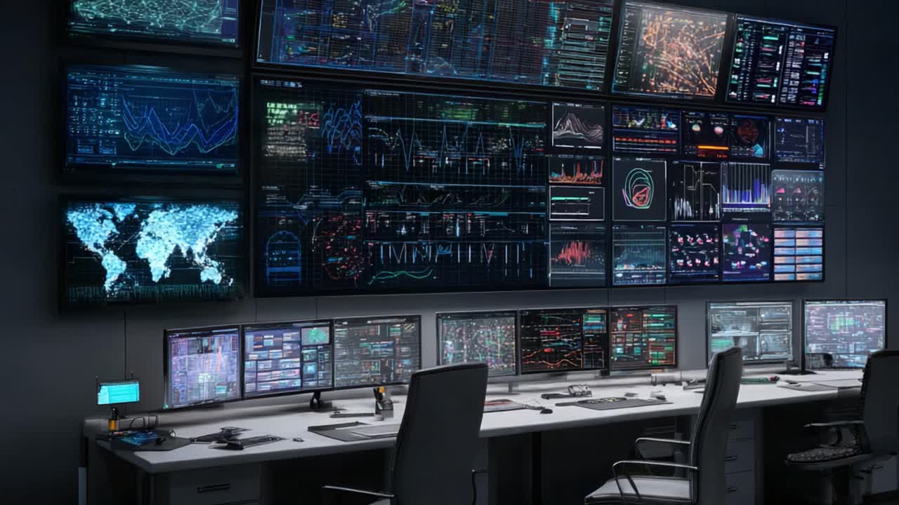 Sala di controllo avanzata che mostra visualizzazioni e analisi dinamiche dei dati per il monitoraggio in tempo reale in un ambiente high-tech.