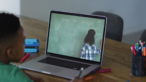 african american boy having a video call on laptop while doing homework at home