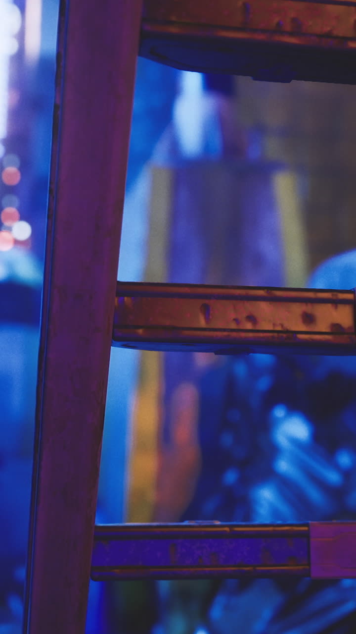 Neon lights illuminate an urban alleyway at night with a ladder in focus
