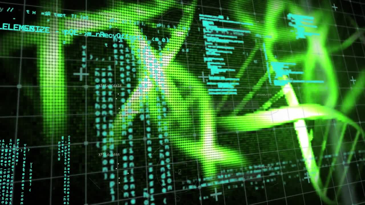 animación de estructuras de adn girando y procesamiento de datos contra un fondo negro