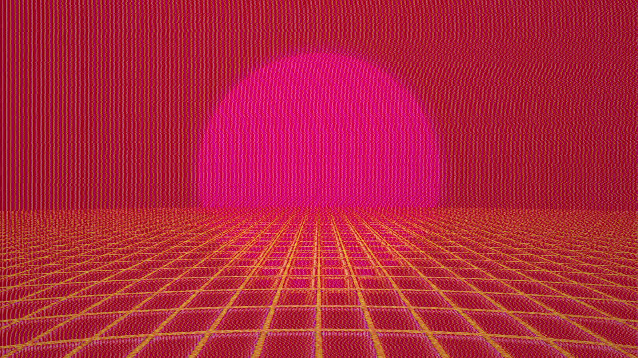 Loop di pianeta a griglia Vaporwave con globo al neon e orizzonte retrò