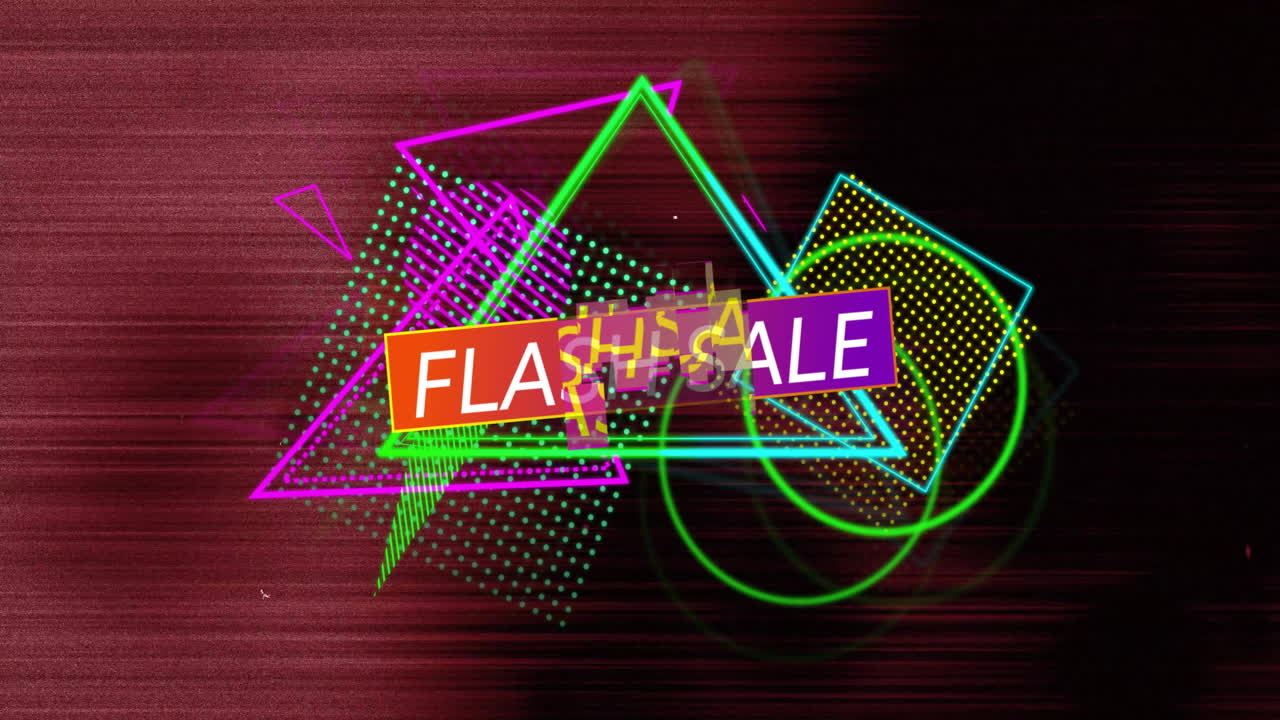 animación de texto de venta flash sobre formas geométricas coloridas en fondo rojo