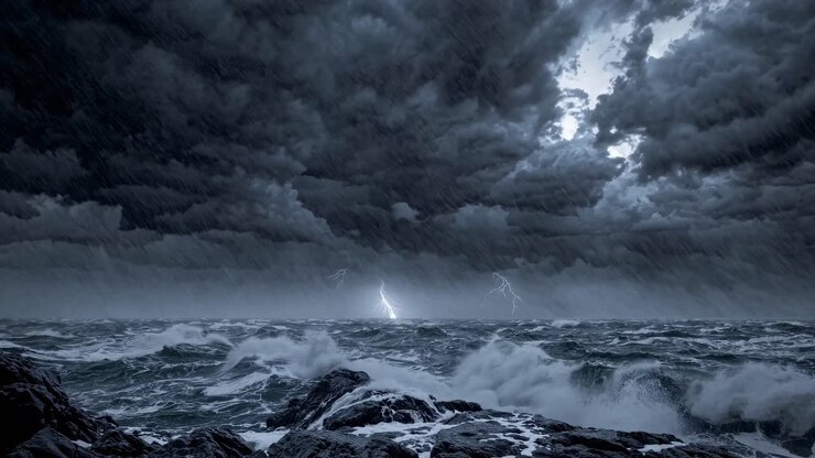 Drammatica ripresa grandangolare di un mare in tempesta con nuvole scure e fulmini, per un video cinematografico