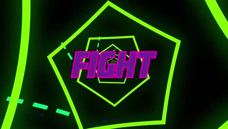 Animation-of-purple-fight-text-banner-over-neon-green-hexagonal-shapes-in-seamless-pattern