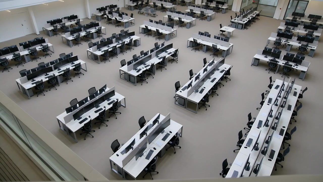 Starting panning camera showing empty open office floor from mezzanine, with desks and chairs