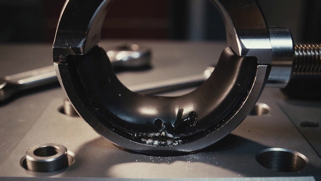 Shifting focus half-bearing shell showing shavings settling on fixture for inspection, split clamp