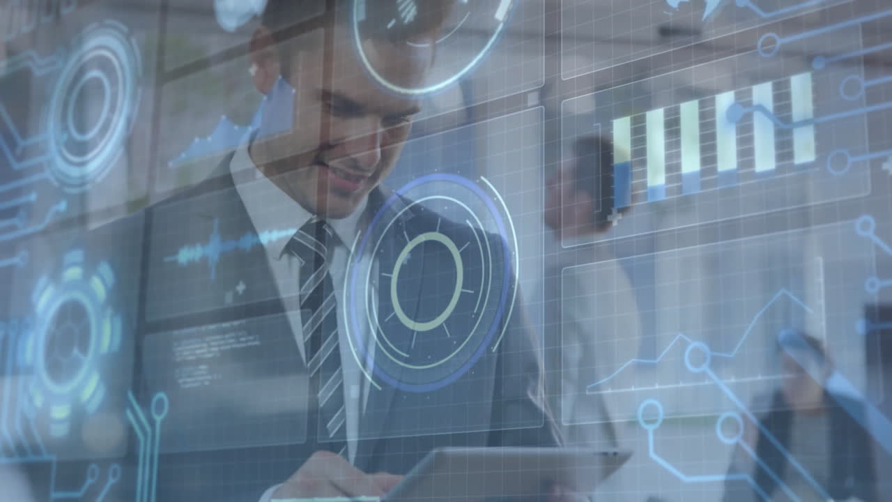 Interacting with futuristic animation, businessman analyzing data and graphs in office