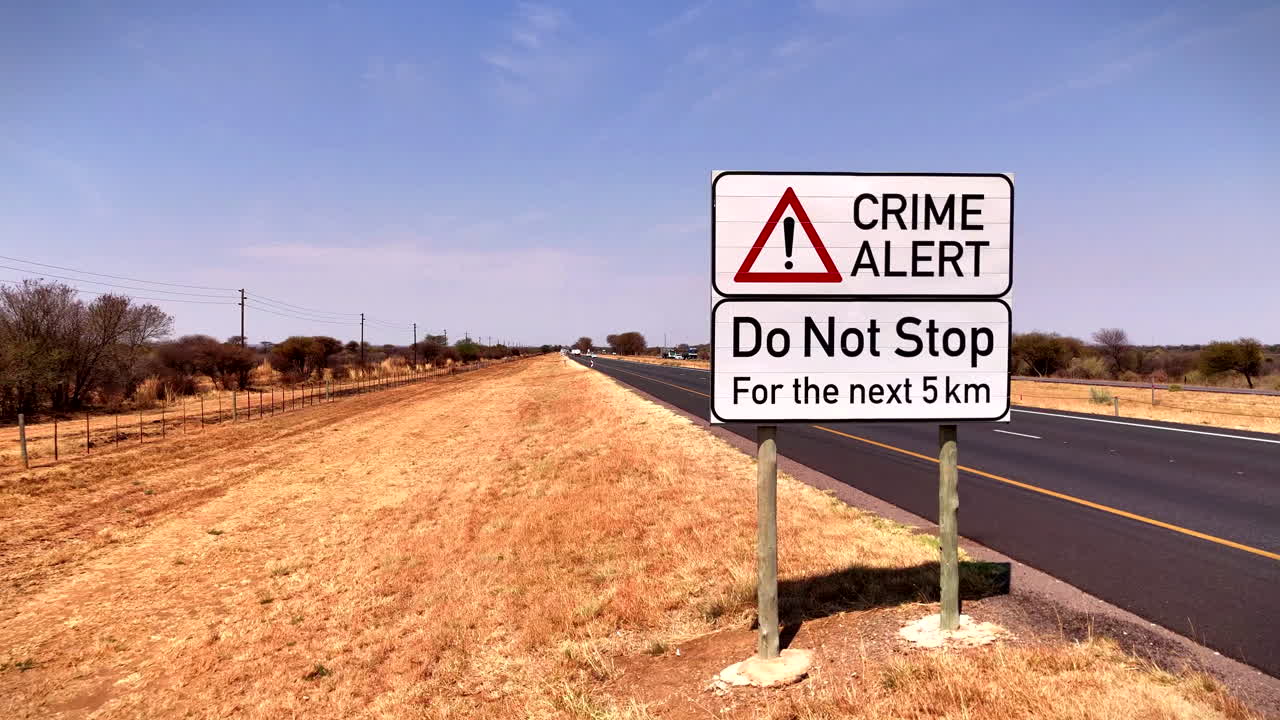 Crime alert warning road sign next to South African highway advising not to stop