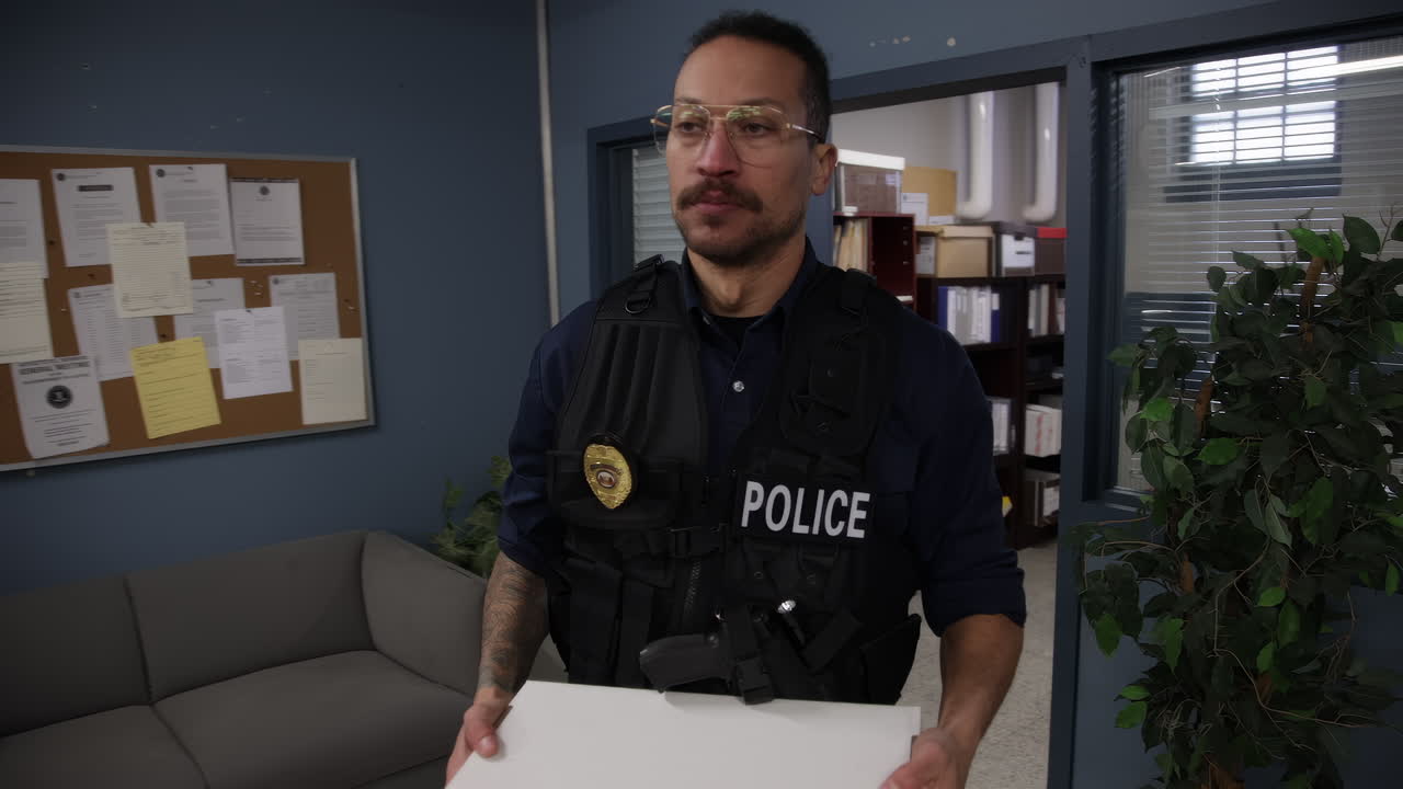 Zoom out from documents to police officer carrying through an office