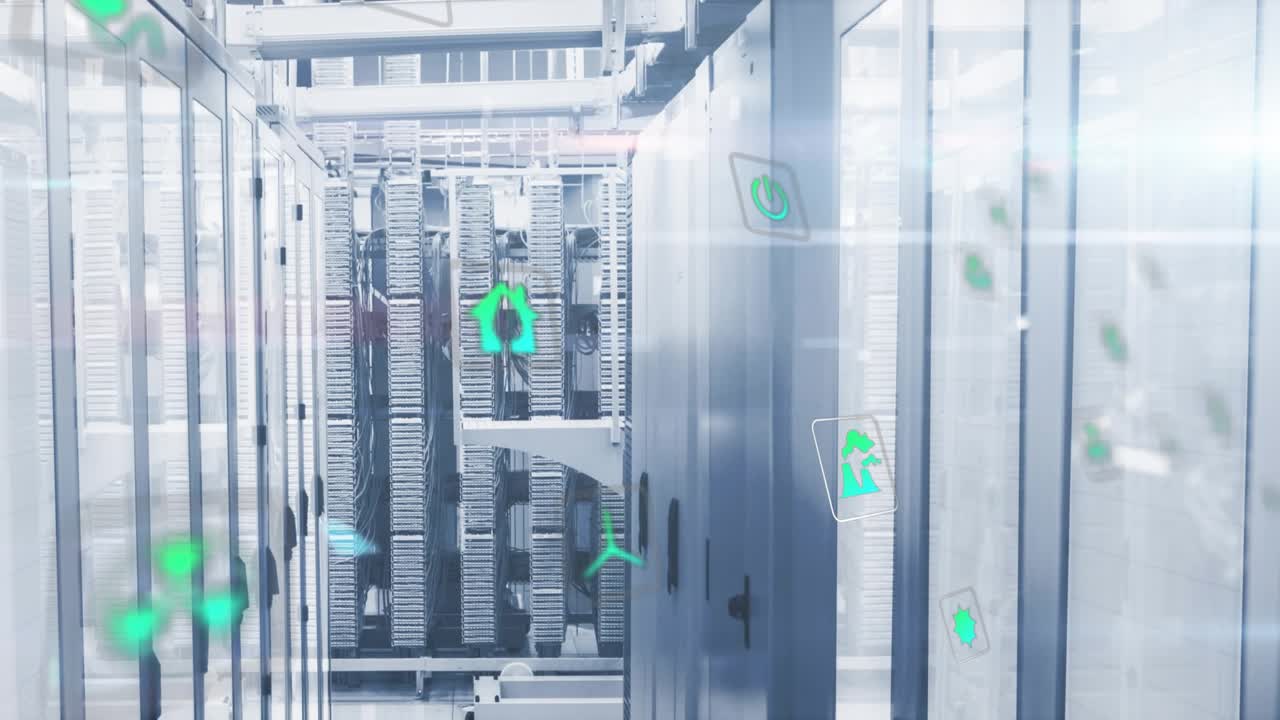 On start green icons appearing between server racks while camera gliding, illustrating data flow