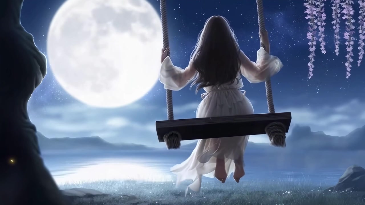 Donna eterea su un'altalena sotto una luna piena e una notte stellata