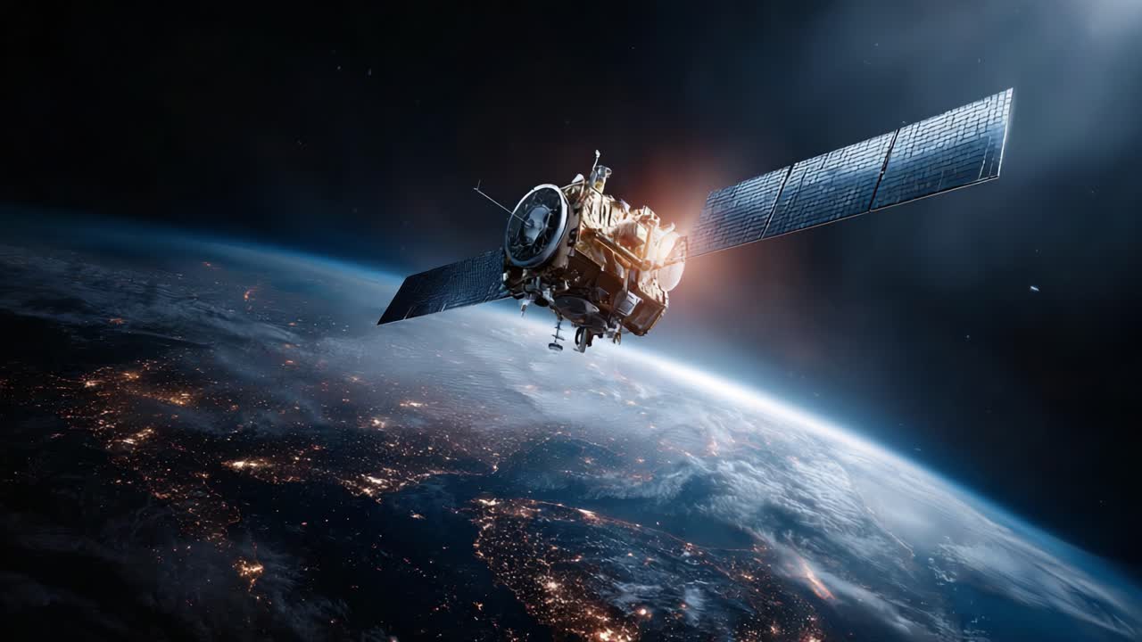 Una splendida immagine di un satellite in orbita attorno alla Terra, catturata dallo spazio, che mostra la tecnologia sofisticata e le magnifiche luci serali del nostro pianeta sottostante