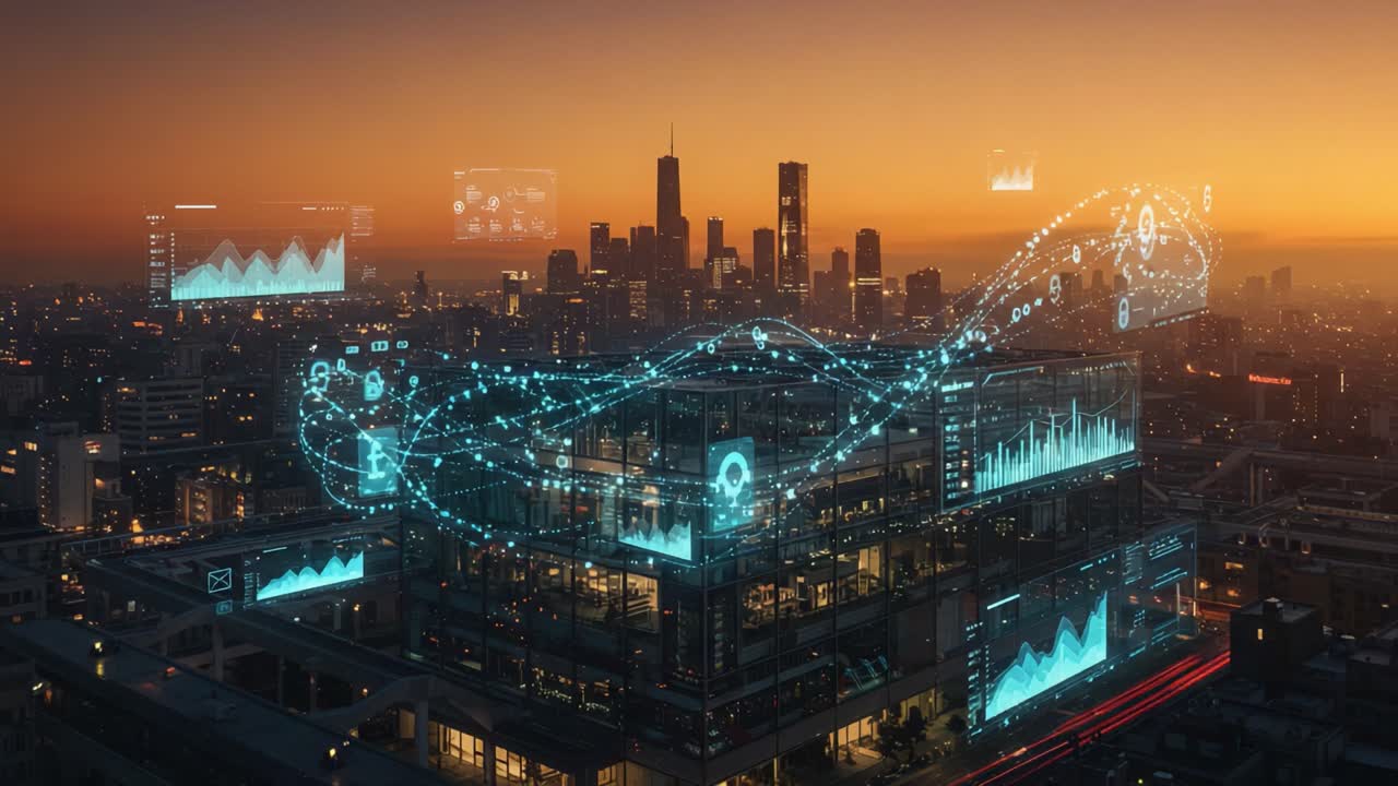 Veduta aerea di uno skyline di città moderno illuminato al tramonto, sovrapposto a visualizzazioni di dati digitali e grafici che rappresentano un avanzamento tecnologico innovativo