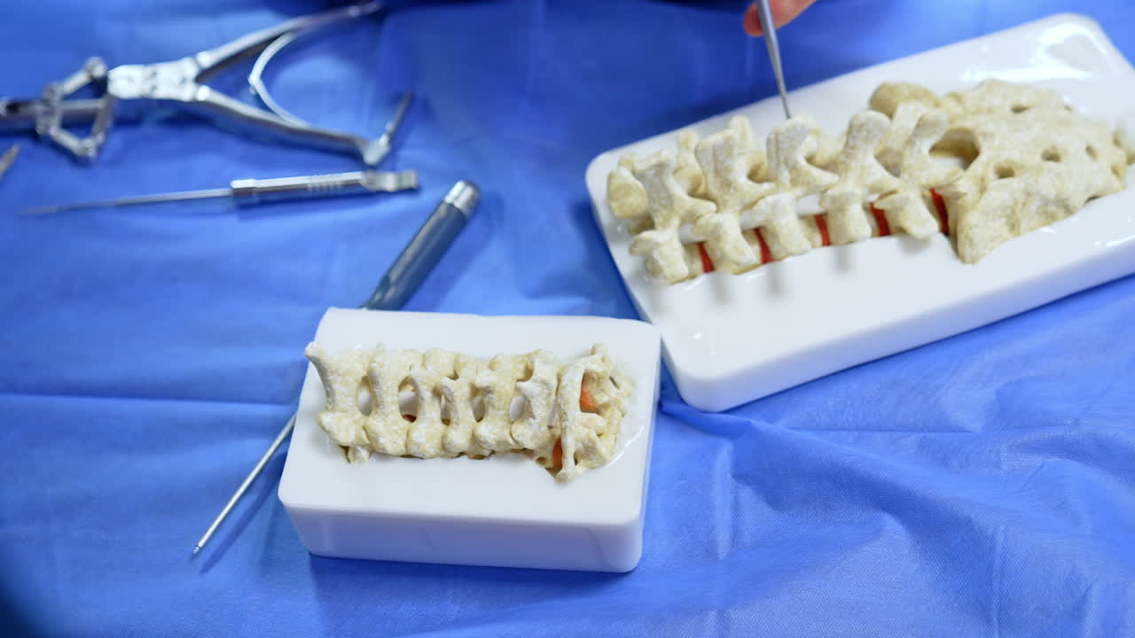 Unrecognized male hands take the tools and point at the models of spine bones. Metal instruments are scattered around. Neurosurgery study. Close up.