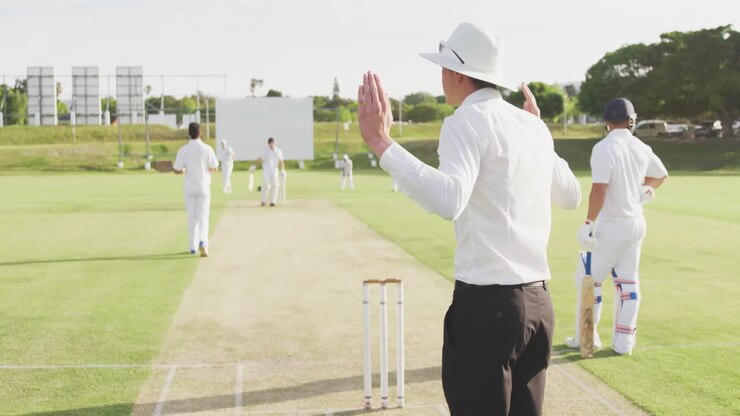 Vista posteriore di un arbitro di cricket che fa i segnali