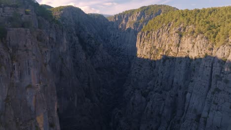 aerial view of a canyon with steep cliffs and lush forested mountainsides