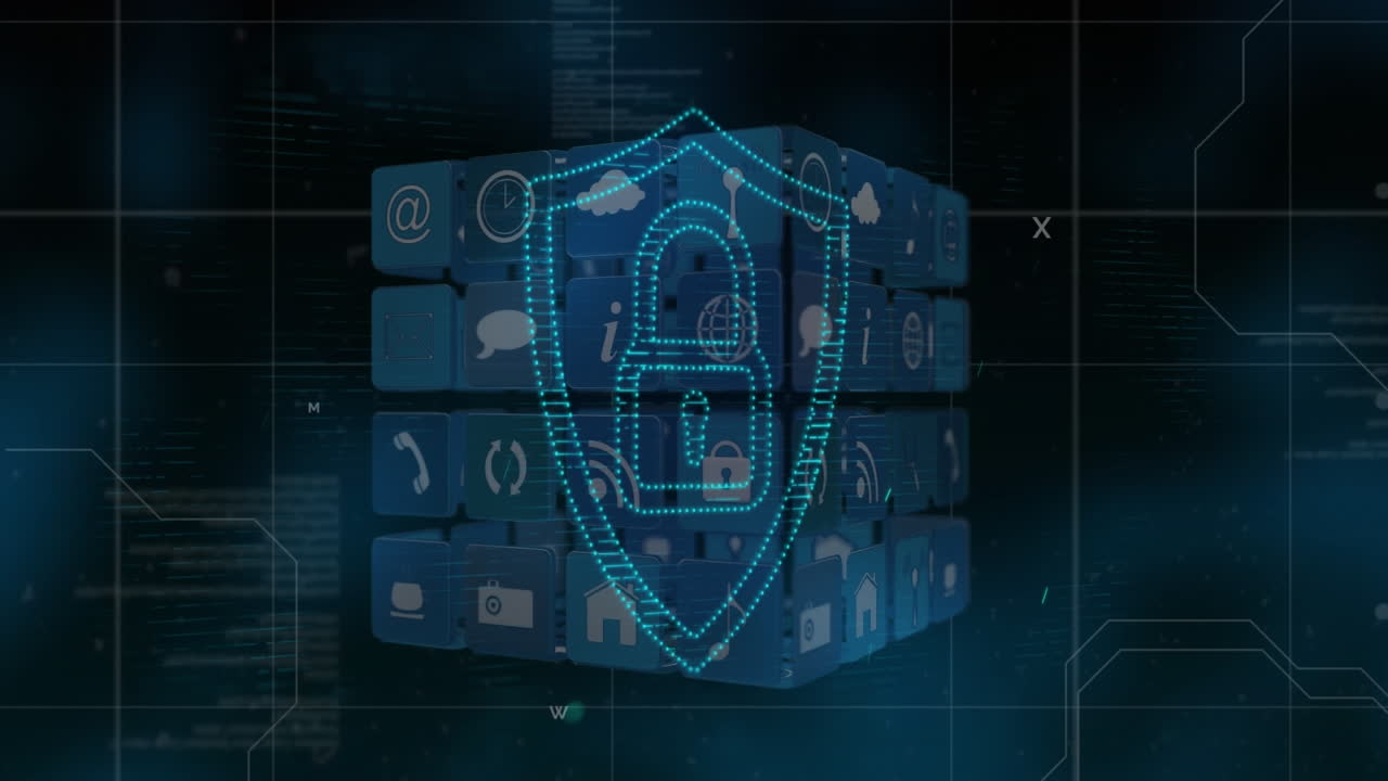 Animation of icons and padlock icon over data processing on black background