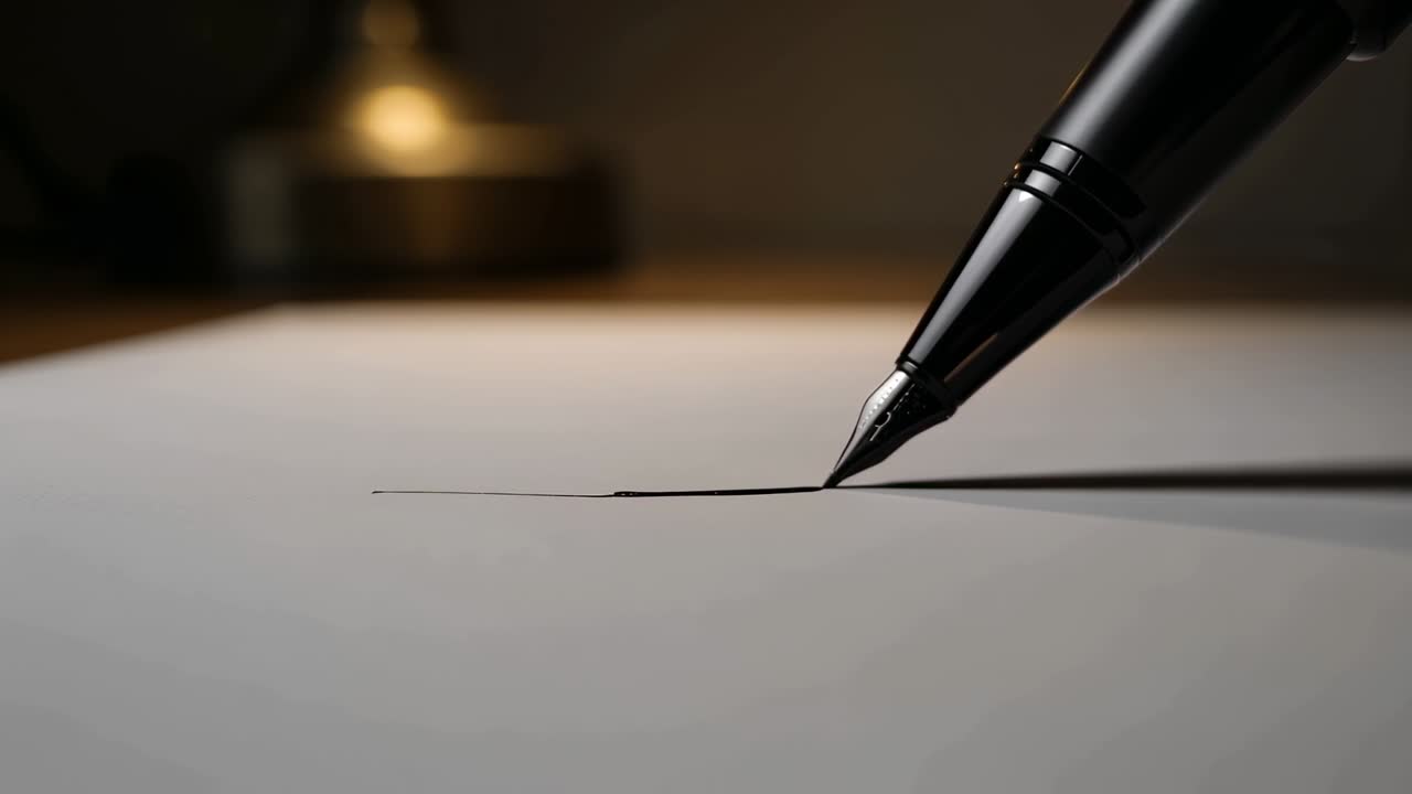 Un pennino si posa sulla carta, la punta di una stilografica scivola, tracciando una sottile linea nera sotto il bagliore di una lampada, con spazio per il testo.