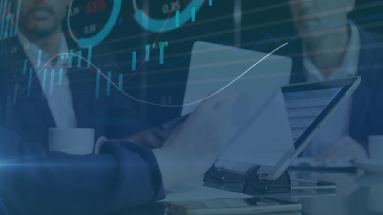 Animation of multiple graphs and trading board over caucasian coworkers discussing reports