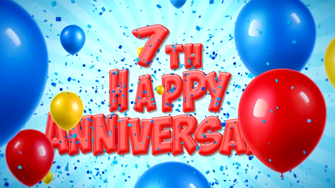 7주년 축하 은 텍스트는 콘페티 팝퍼 폭발, 떨어지는 반이는 입자, 다채로운 날아다니는 풍선, 소원, 인사, 파티, 초대, 카드에 대한 원활한 루프 애니메이션에 나타납니다.