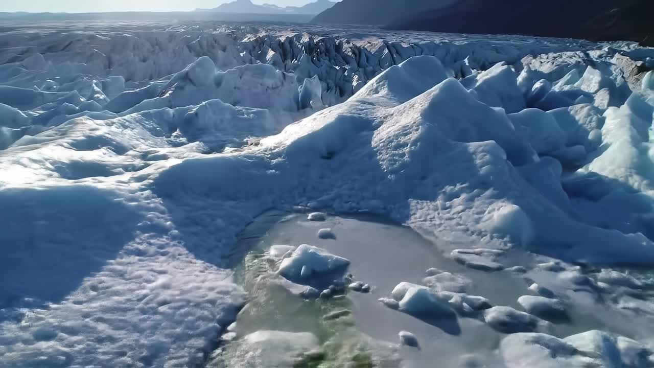 Explore the breathtaking sight of a glacier in Iceland where vibrant ice formations contrast against a clear blue sky. The ice stretches across the landscape, showcasing the beauty of nature.