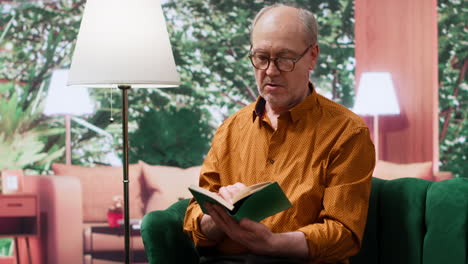 senior person enjoying lecture with a book and relaxing on couch at home