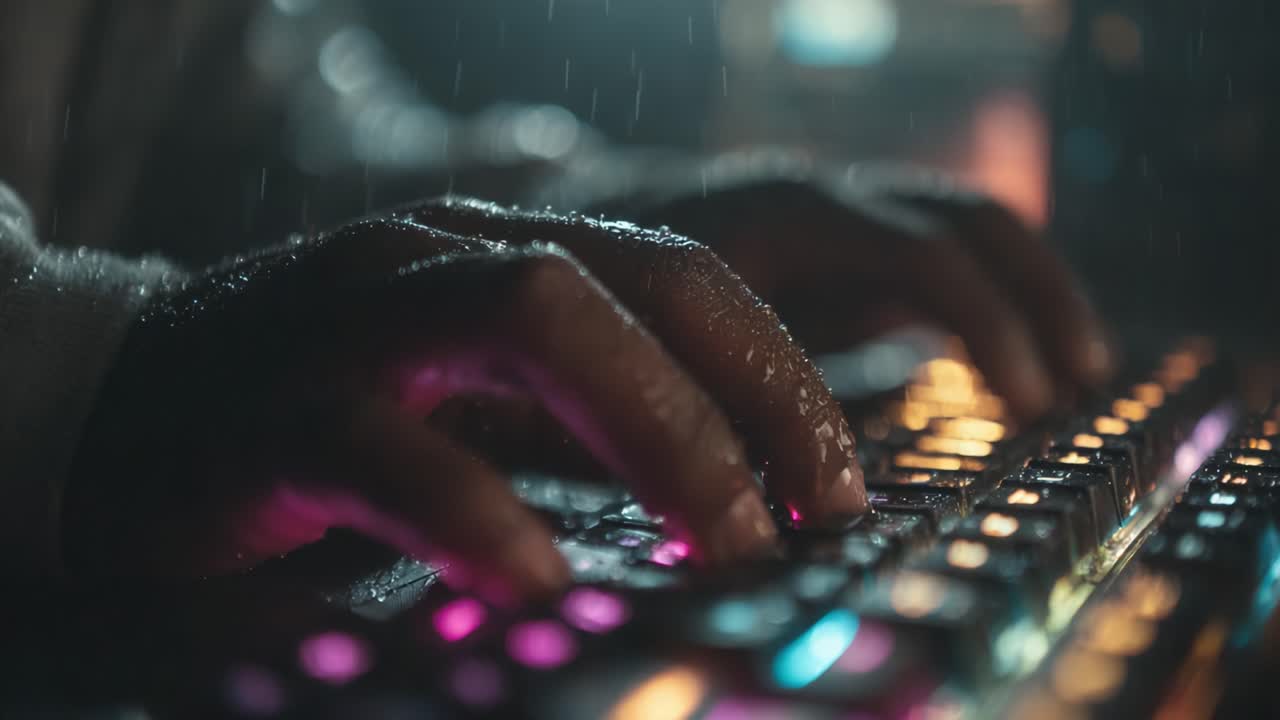 A Focused Scene of Rain-Drenched Hands Skillfully Typing on a Colorful Mechanical Keyboard, Capturing the Mood of a Late-Night Digital Workspace
