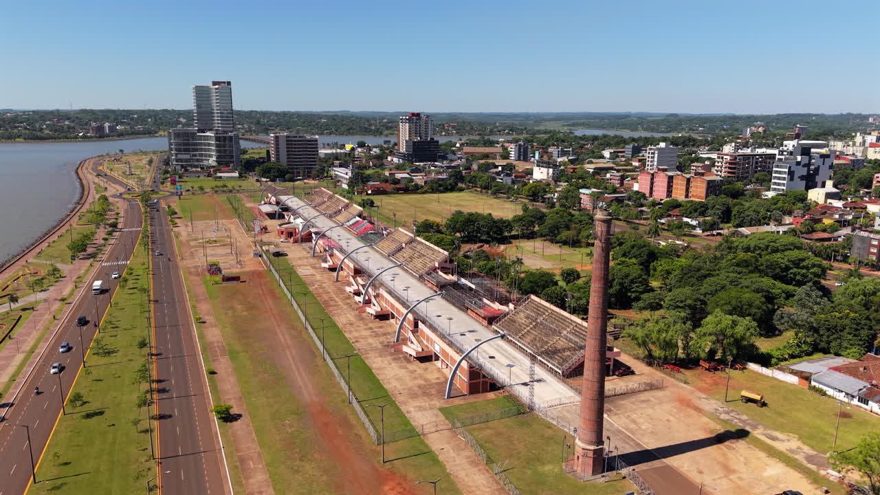 Aerial view of Sambadrome in Encarnación, Paraguay. Samba parade and traditional carnival.