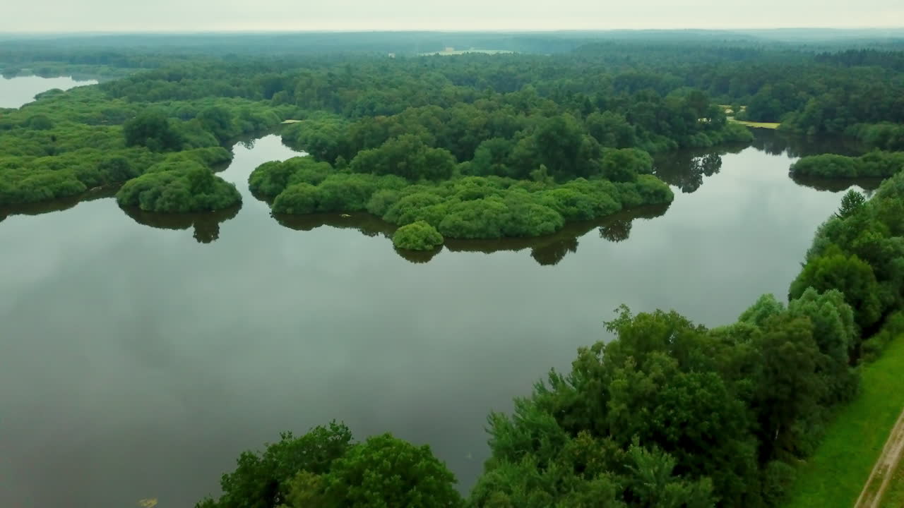 Thülsfelder lake near dam with green forest moving drone footage 4K