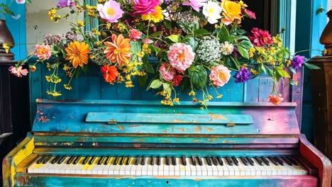 a colorful piano with flowers on top of it