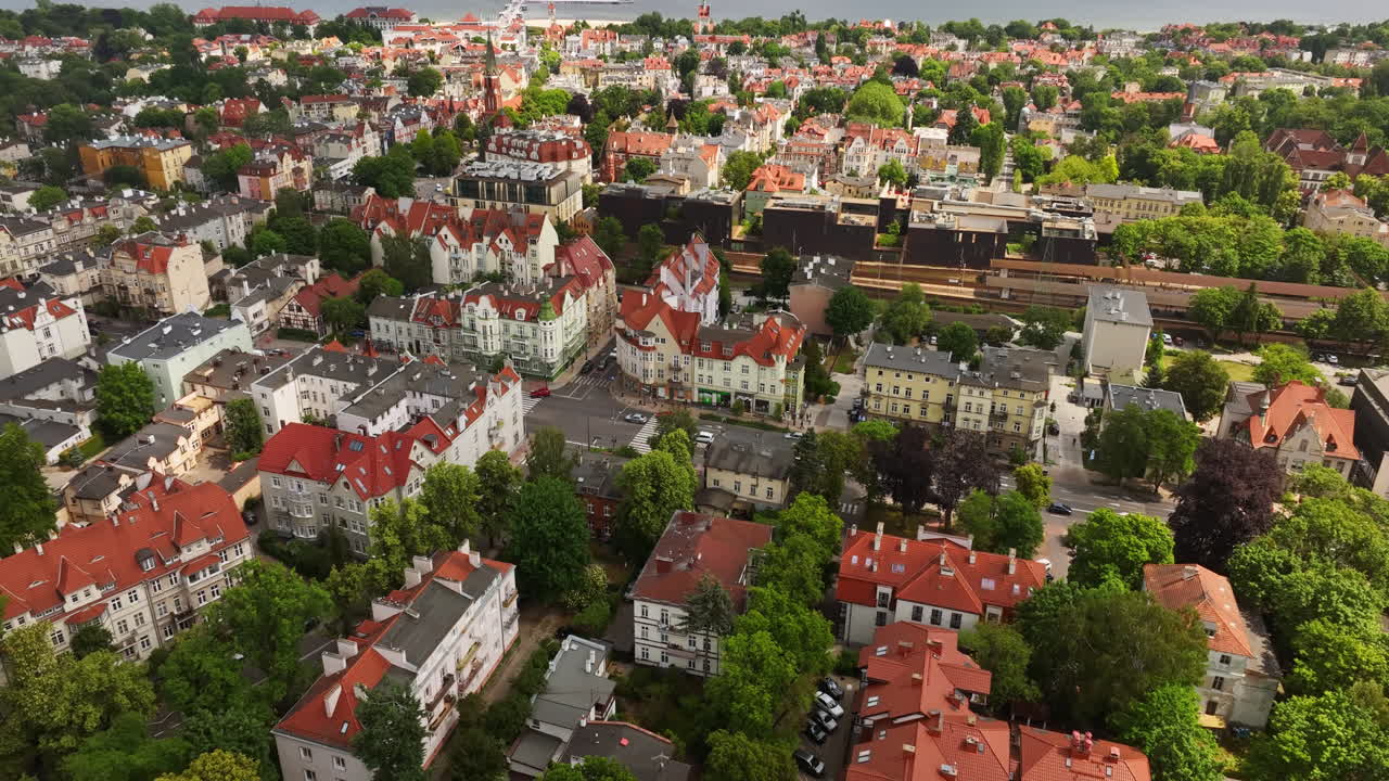 Aerial view of traffic in downtown Sopot city, sunny, summer day in Poland