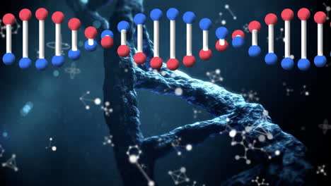animación de la hilera de adn girando y moléculas en fondo oscuro