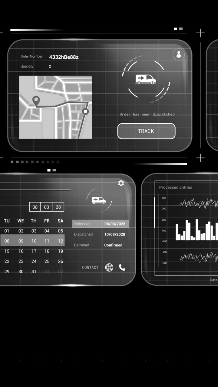 Animation of data processing on screens over black background