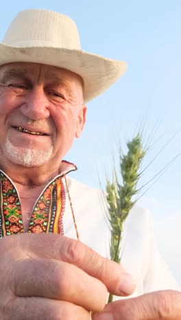 satisfied and happy grandfather in hat and embroidered shirt holding ear of corn and looking at satisfied and happy grandfather in hat and embroidered shirt holding ear of corn and looking at camera happy people