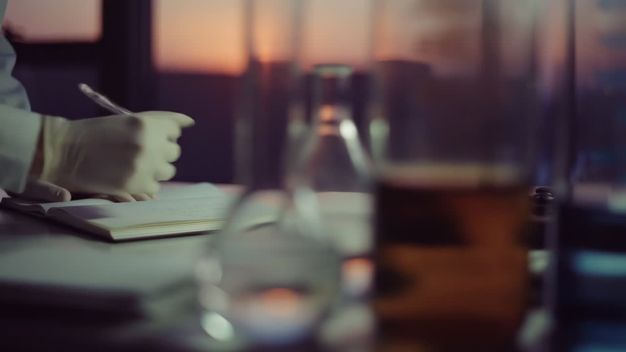 Scientist wearing gloves writes notes in a lab at sunset