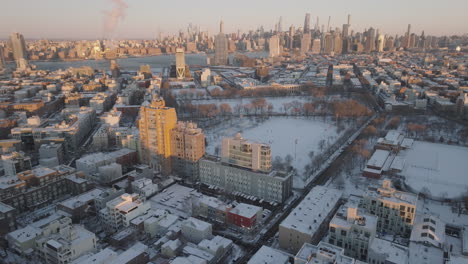 aerial view of mccarren park on a winter morning. shot in brooklyn, new york