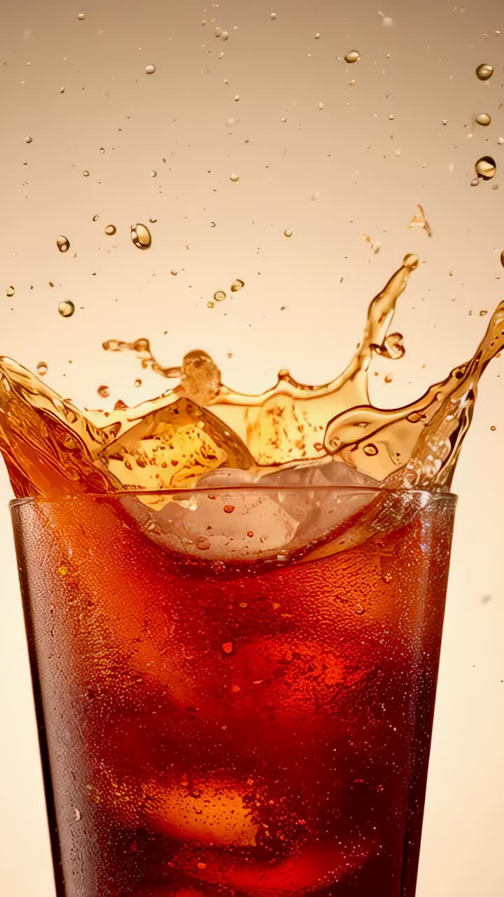 Vertical video: Impacting from upper-left, glass sending crown, droplets in studio, amber soda, ice