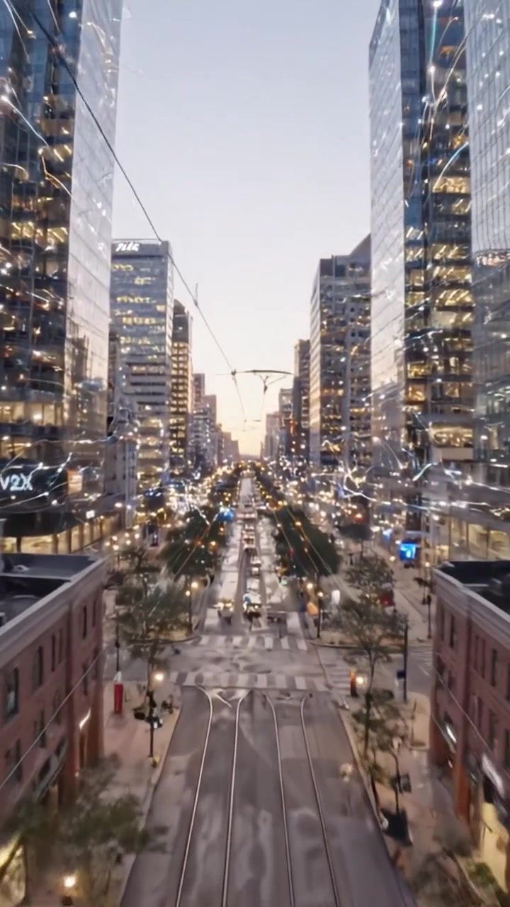Una escena urbana dinámica: Dos individuos de pie en medio de un paisaje urbano moderno, rodeados de edificios de cristal y vapor, mientras el día se convierte en noche.