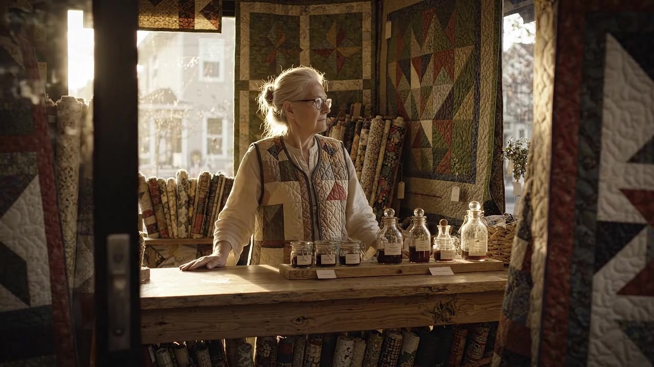 Serenidad en la tienda de quilts: Un vistazo al interior de una acogedora tienda de telas con edredones artesanales y decoración vintage, con un ambiente acogedor y luz cálida.