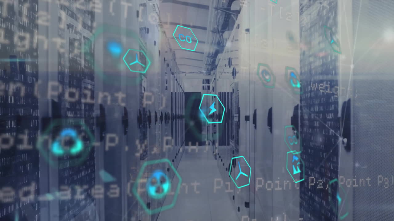animación de iconos ecológicos y procesamiento de datos digitales a través de servidores informáticos