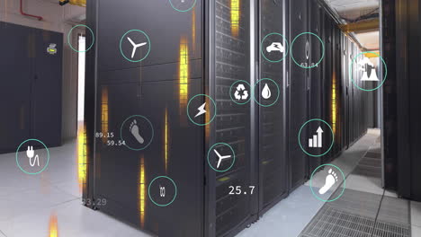 animation of digital eco icons and data processing over computer servers