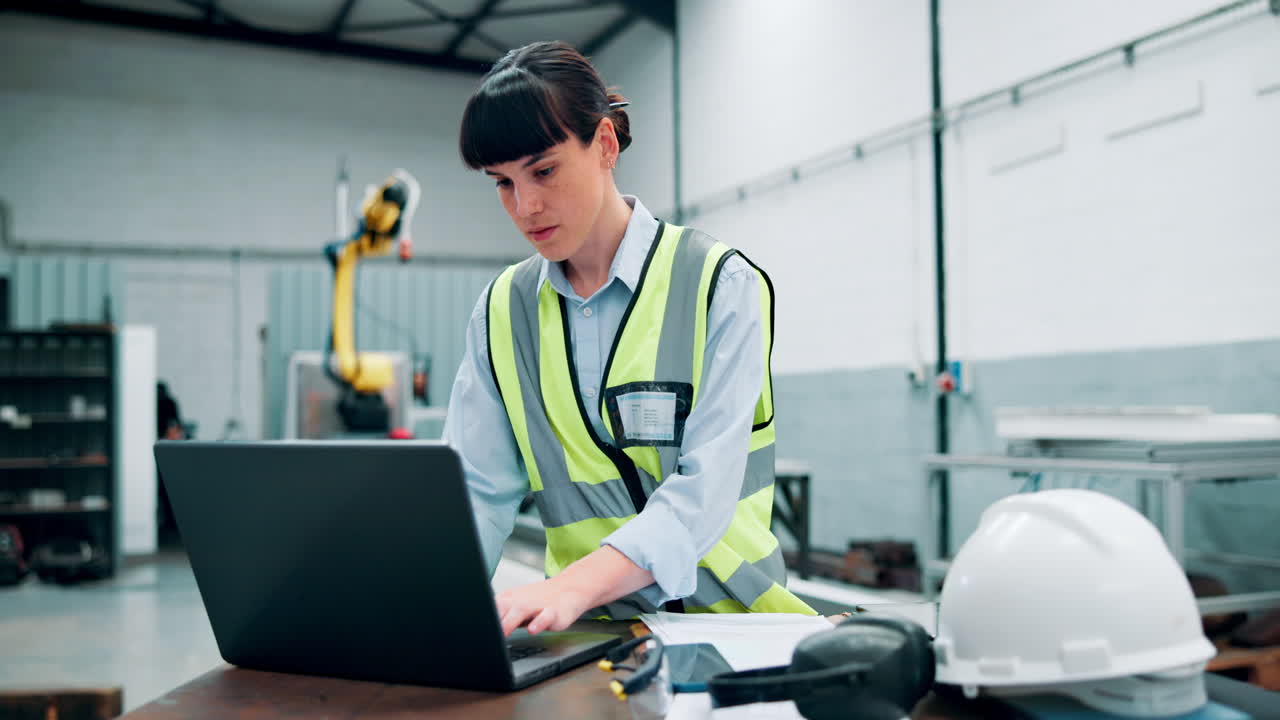 Trabajador de una fábrica que usa una computadora portátil
