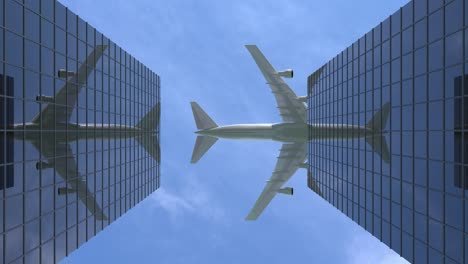 4k resolution video: airplane flies over office skyscrapers buildings against a beautiful blue sky loop animation